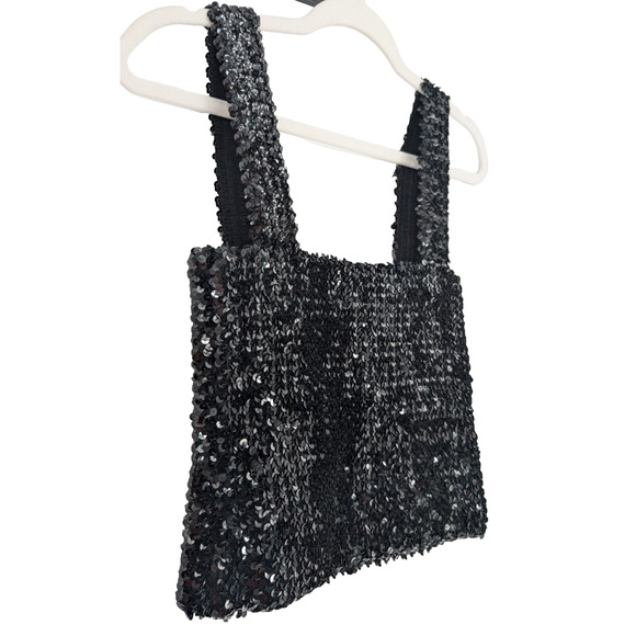 Black Sequin Square Neck Stretch Knit Glam Sparkly Whimsigoth Fairy Bling Tank - Picture 5 of 8